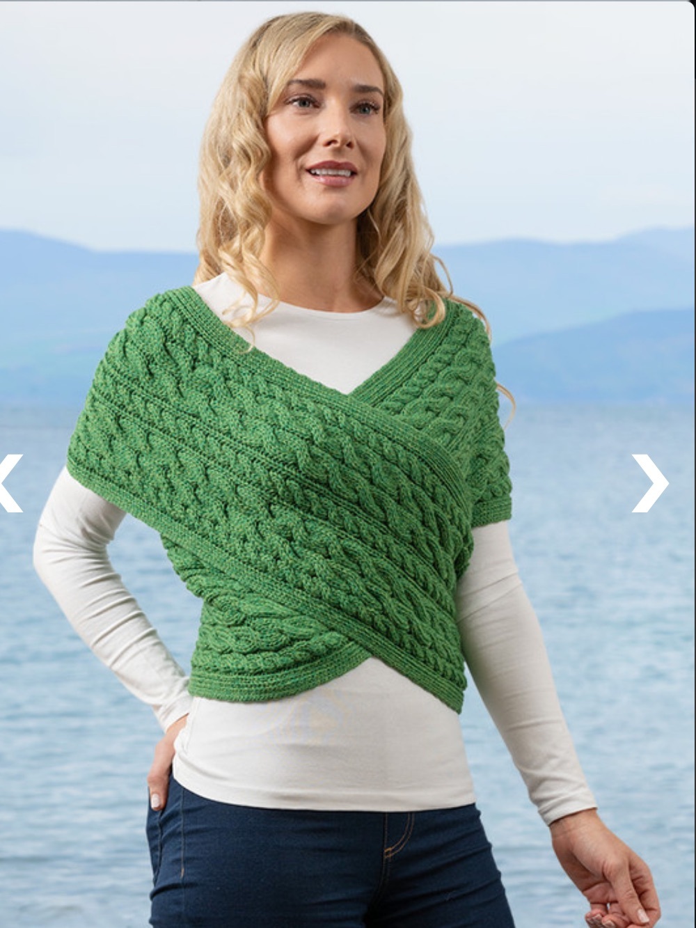 Aran sweater market 100% merino wool cable knit shrug wrap sweater green XL fall